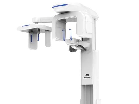 MEYER SS-X9010D Pro-3DE CBCT side profile — showing cephalometric arm extending to the left, main CBCT gantry with patient positioning assembly