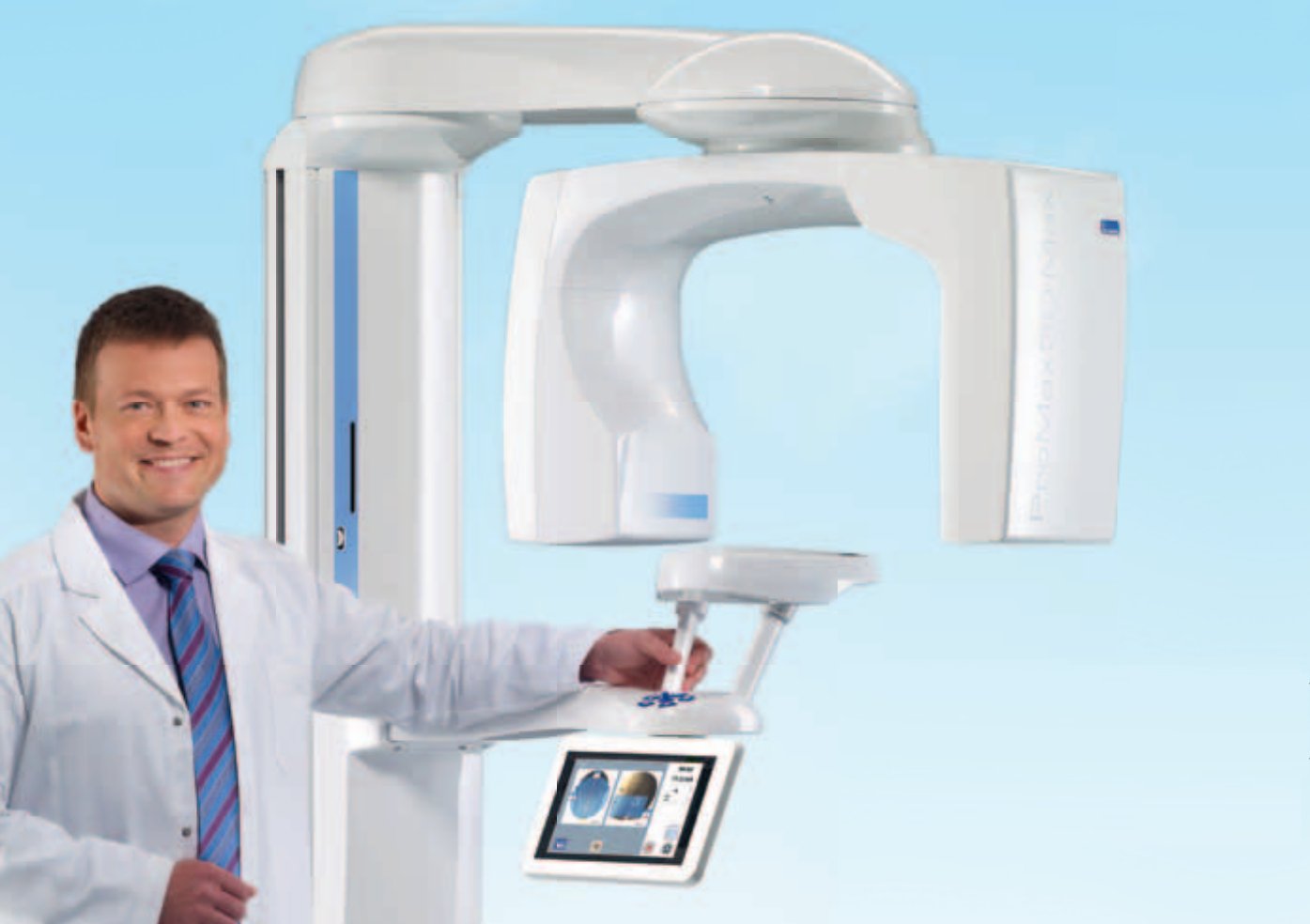 Planmeca ProMax 2D clean product render showing both panoramic arm and cephalometric arm