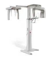 Vatech PaX-i pano plus cephalometric front view showing dual ear-positioning brackets on the cephalometric module